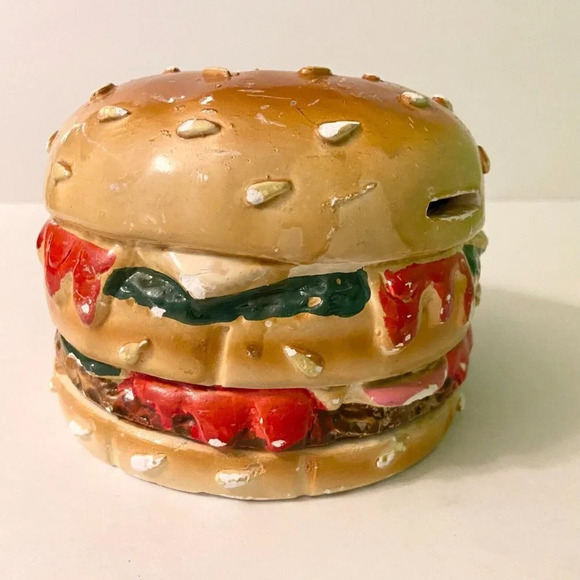 Vtg Hamburger Coin  Bank A G Handicrafts Art Ceramic Burger Piggy Bank Chipped - Picture 5 of 16